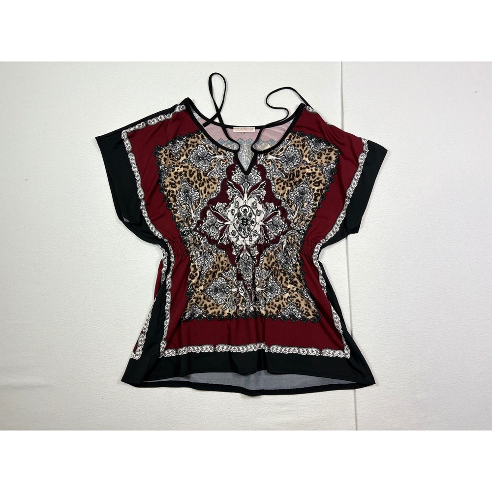 Claudia Richard Womens Leopard Medallion Print Dolman Sleeve Blouse Burgundy XL